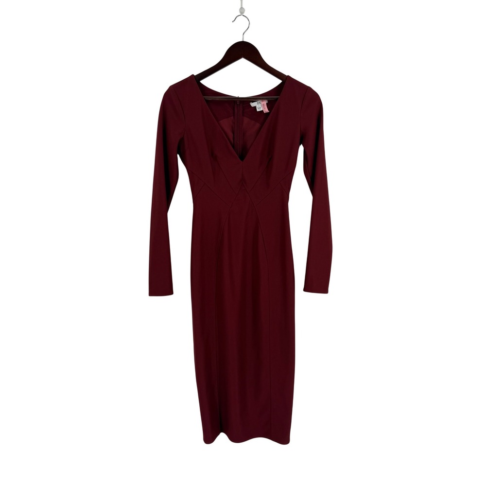 ZAC Zac Posen Sheath Dress Burgundy 2 V-Neck Long Sleeve Seamed Midi